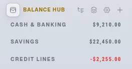 The Balance Hub sidebar panel showing grouped accounts with live balances