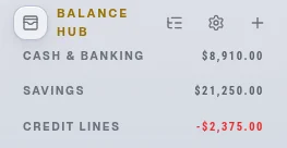 The Balance Hub sidebar panel showing grouped accounts with live balances