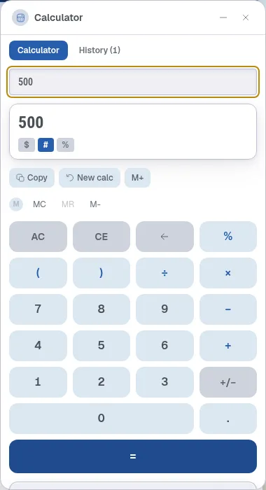 The floating Calculator panel with the Financial shortcuts section expanded