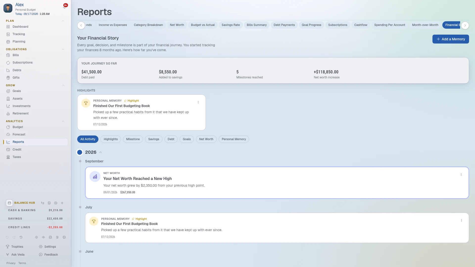 The Financial Story tab showing a year-grouped timeline of milestones and memories