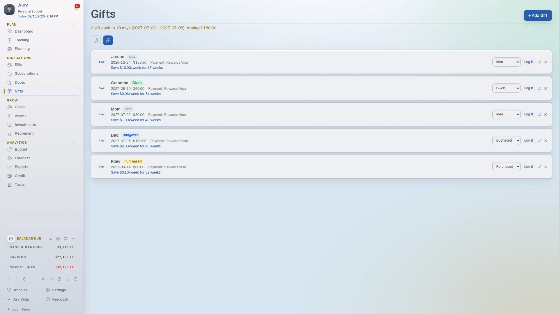 The Gifts view showing the recipient list, status pipeline, and upcoming holiday banner