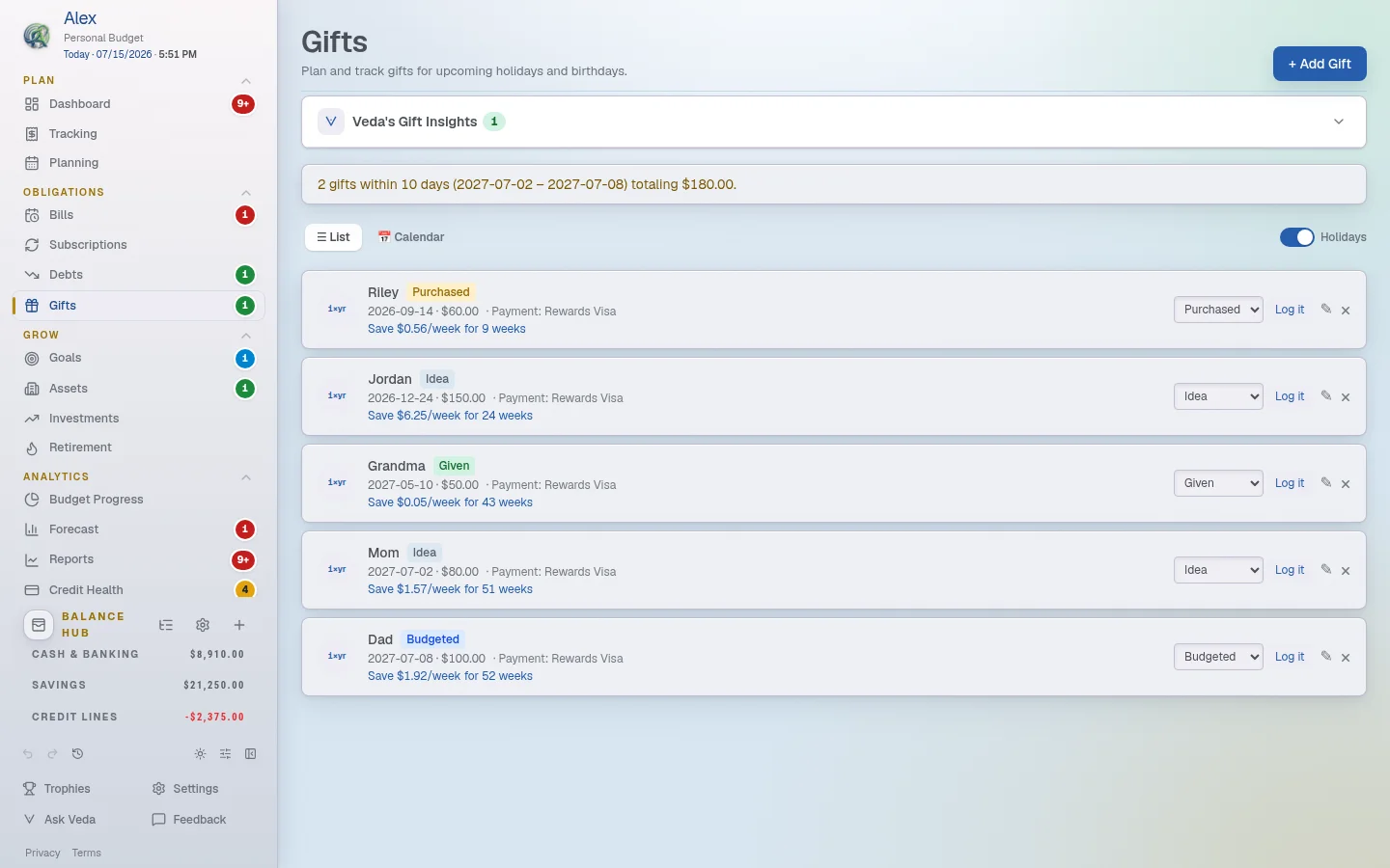 The Gifts view showing the recipient list, status pipeline, and upcoming holiday banner