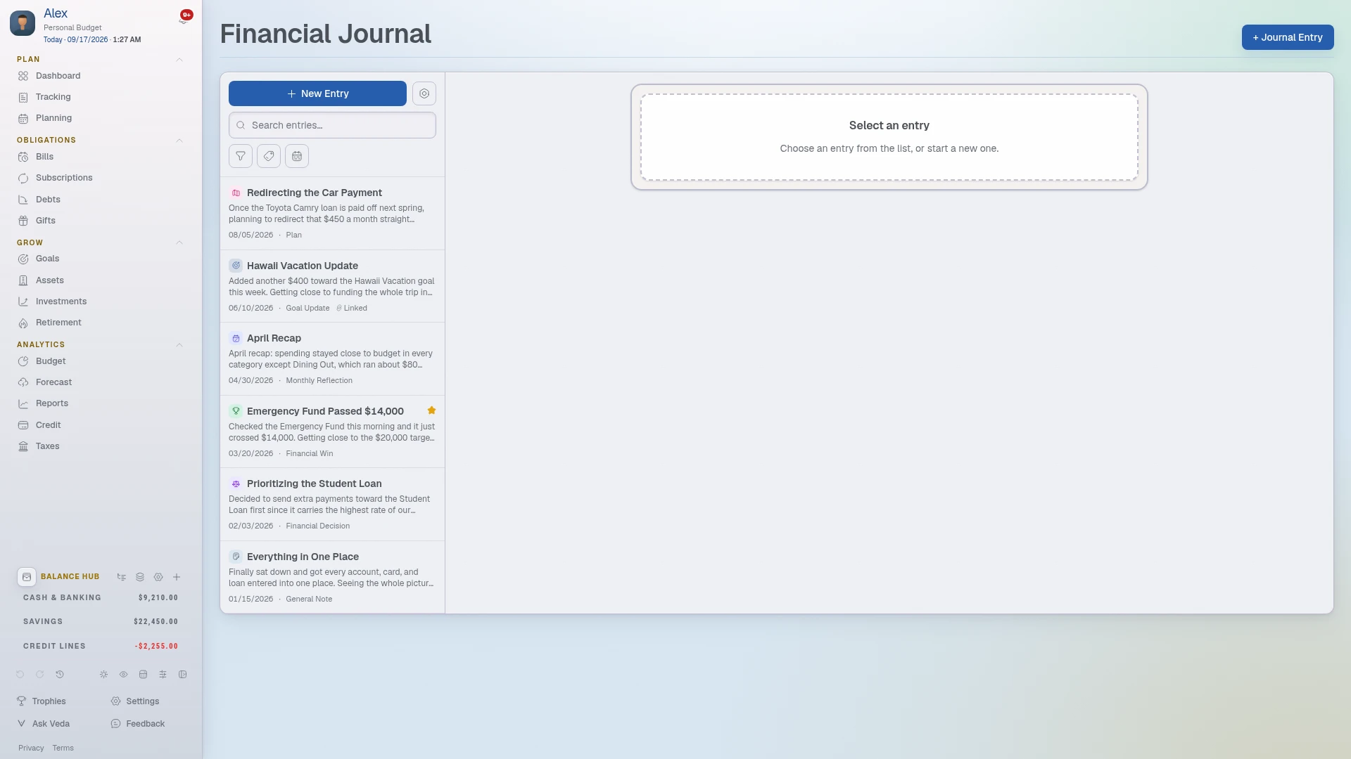 A Journal entry open in the rich-text editor, with type, tags, and linking options