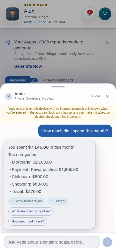 Veda, Finaura's on-device assistant on mobile